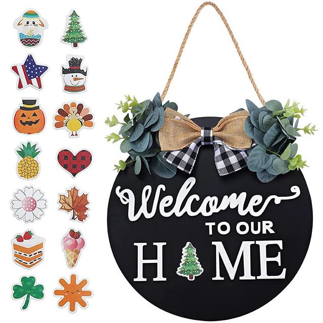 Seasonal Interchangeable Welcome Sign for Front Door Decor, Welcome to Our Home Sign with Interchangeable Holiday Pieces, Welcome Door Sign for Farmhouse Front Porch Decor and Housewarming Gift(Black)