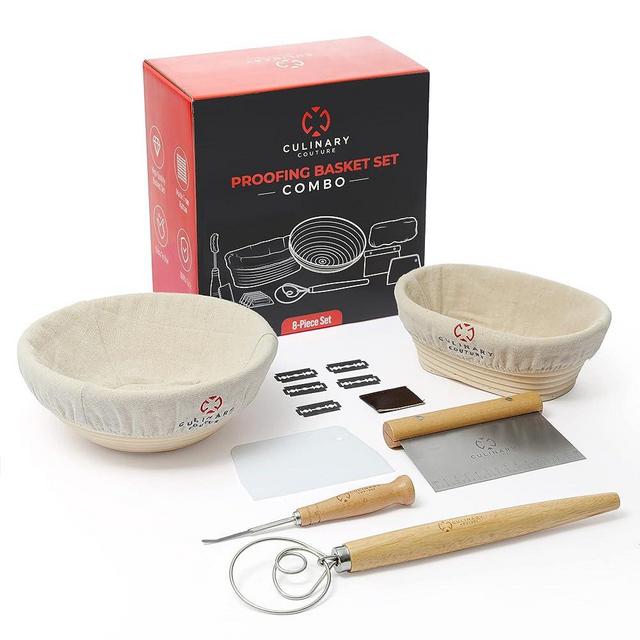 Culinary Couture Bread Proofing Basket Set of 2-1 Round 9" and 1 Oval 8" Banneton Proofing Baskets w/Linen Liner, Bench Scraper, Scraper, Scoring Lame, Dough Whisk, 5 Blades - Sourdough Starter Kit