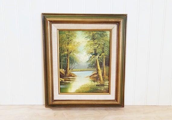 Vintage Framed Nature Painting Cabin Decor Cantrell Painting Forest Painting Forest and Creek Painting Cabin Wall Decor Rustic Wall Decor