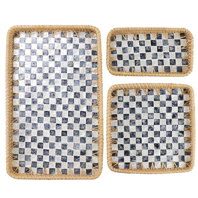 3 Pcs Rectangle Rattan Tray with Mother of Pearl Inlay, Handwoven Wicker Serving Tray with Wooden Base for Frui Breakfast Bread Coffee Table Party Picnic Cafe Kitchen Home Decor (Checkerboard)