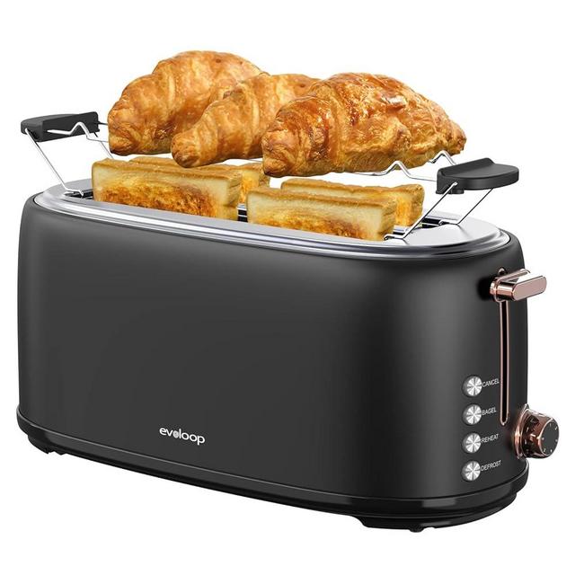 Evoloop 4 Slice Toaster, 1.5" Extra Wide Slots Stainless Steel Toaster with Warming Rack, 6 Shade Settings & Removable Crumb Tray, Bagel/Defrost/Reheat/Cancel, Long Slot Toaster for Croissants Bread
