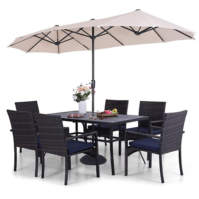 Sophia & William 7 Pieces Patio Dining Furniture with 13 Ft Beige Double-Sided Twin Umbrella, Outdoor Rattan Chairs & Metal Table Set with Cushions and 1.57" Umbrella Hole for Backyard Porch Poolside