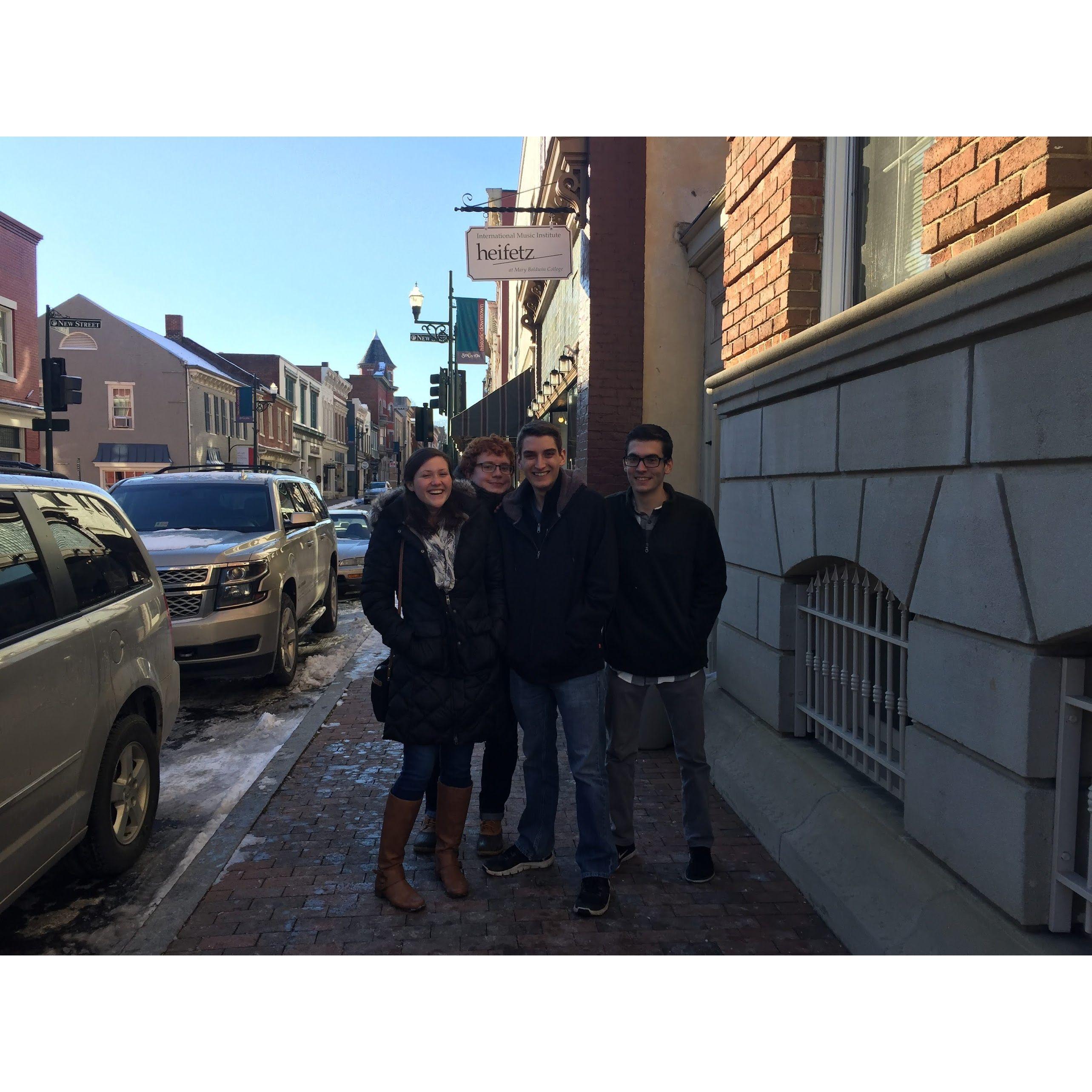This is our friend group when we spent the day in Staunton in 2017. From left to right are Elizabeth Wood, Luke Giltz, Kevin Wood, and Keegan Lowman