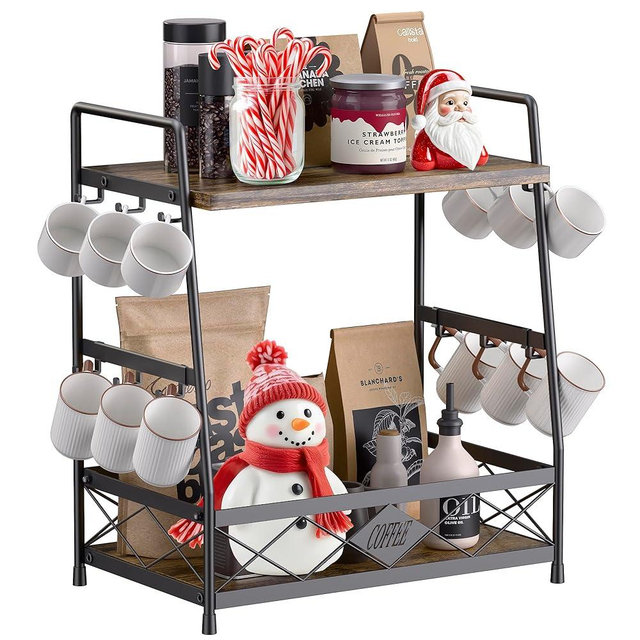 LOTEYIKE 2 Tier Coffee Cup Holder for Countertop, Coffee Mug Organizer with 12 Hook, Coffee Mug Holder, Metal Coffee Mug Shelf for Coffee Bar Kitchen, Black