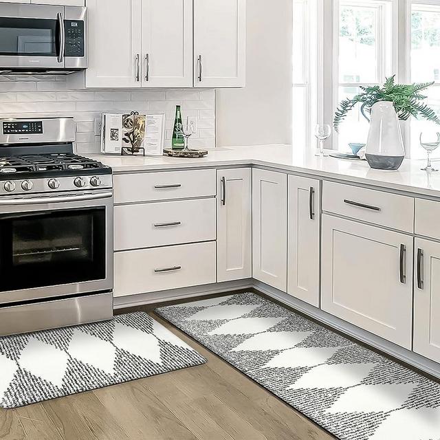 KIMODE Anti Fatigue Kitchen Mats,Geometric Farmhouse Kitchen Rugs Sets of 2,Non Slip Waterproof Kitchen Mats for Floor,Ergonomic Comfort Foam Standing Mat for Office, Sink,Laundry,Black and Beige