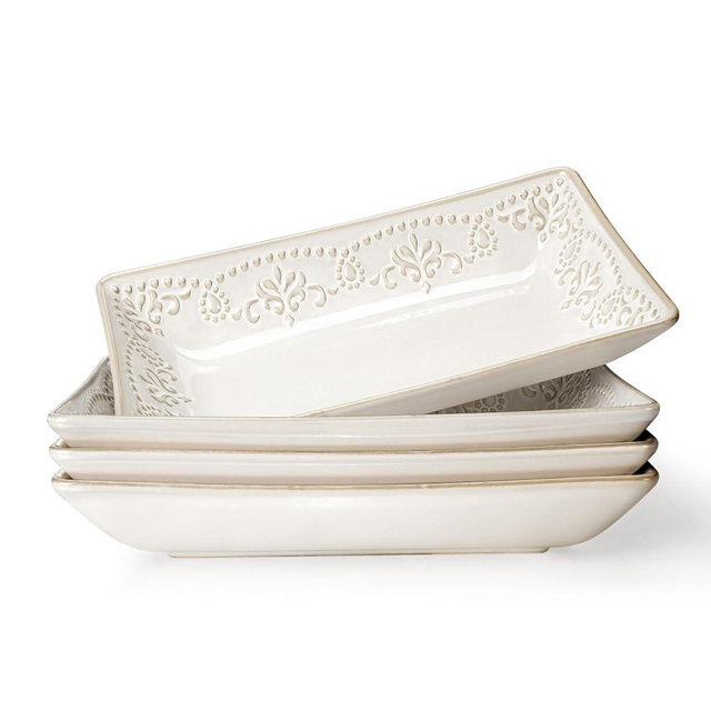 Artena Ceramic 8.25 Inch Rectangle Salad Plates Set of 4 - Deep Plates for Appetizer, Dessert, Dinner, Sushi, Snack, Pasta, Serving - Microwave Safe with Embossed Rim Design (Damask Floral)