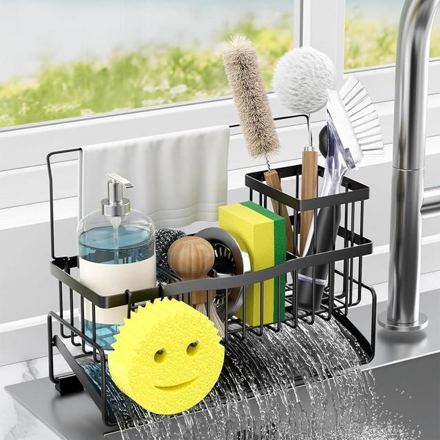 Adurei Kitchen Sink Caddy Sponge Holder for Kitchen Sink SUS304 Stainless Steel Rack with High Brush Holder Sponge Hook Towel Holder and Divider Gadgets Organizer for Counter