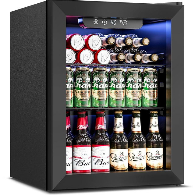 Feelfunn Beverage Refrigerator Cooler - 16 Bottle 68 Can Mini Fridge with Glass Door, Soda Wine Beer Drink Fridge - Small Refrigerator for Office Home Bedroom Dorm Bar, 1.7 Cu.Ft, Black
