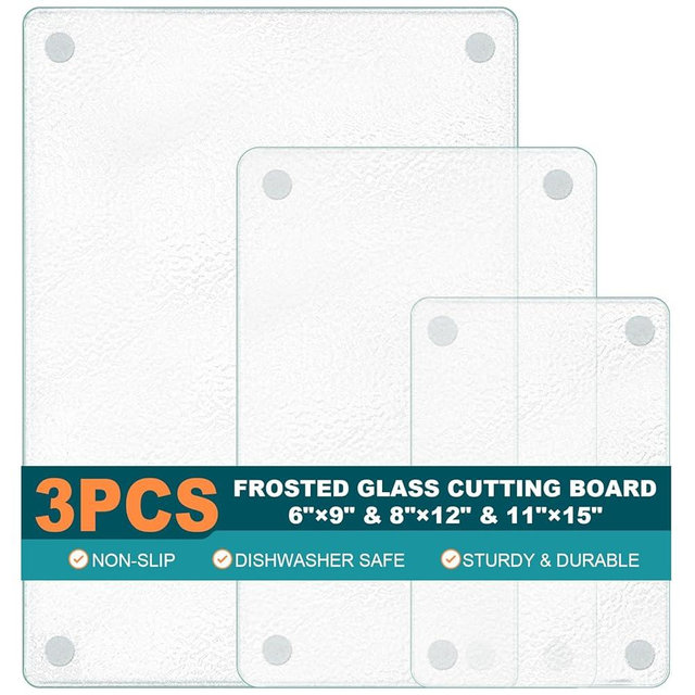 PTYTIFY 3 Pack Tempered Glass Cutting Board for Kitchen Counter, Clear Frosted Glass Cutting Board with Non-Slip Feet, Heat Resistant, Scratch Resistant,Easy to Clean (3 PCS 15"x11" & 12"x8" & 9"×6")