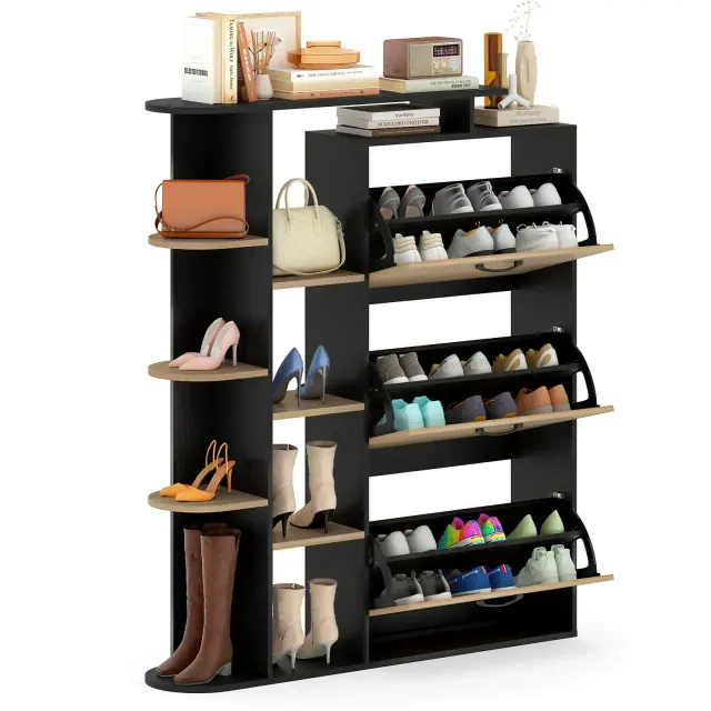 Costway Shoe Cabinet with Open Shelves, 3 Flip Drawers, 8-Tier Side Open Shelves for Foyer Black + Natural