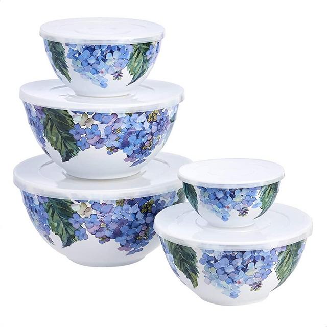 Amazon Basics 10-Piece Mixing Bowl Set with Lids - Non-Slip Base, Hydrangea Floral