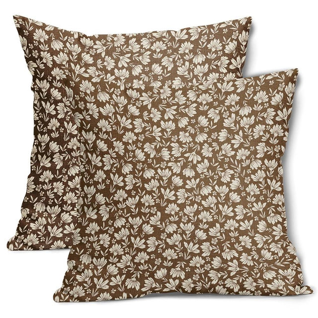 Brown Beige Daisy Floral Pillow Covers 18X18 Inch Vintage Flowers Decorative Pillow Cases Set of 2 Block Print Cotton Linen Throw Pillows Farmhouse Decor For Sofa Couch Porch Bed Cushion Outdoor