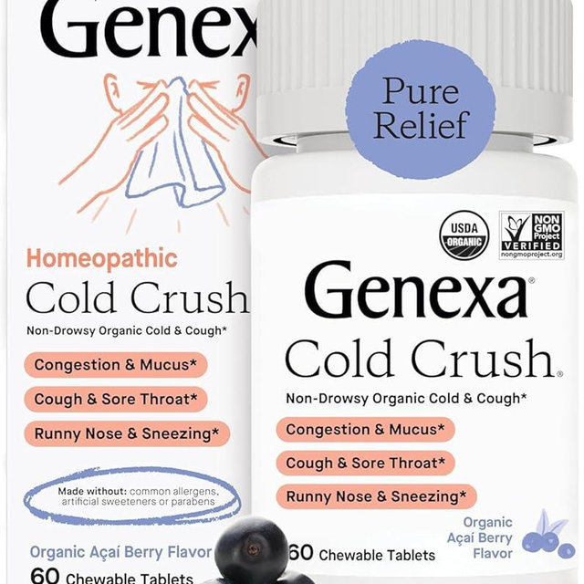 Genexa Cold Crush | Multi-Symptom Cough & Cold Relief for Adults | Delicious Organic Acai Berry Flavor | Certified Organic & Non-GMO | Homeopathic Remedy Made Clean | 180 Chewable Tablets (3 Pack)