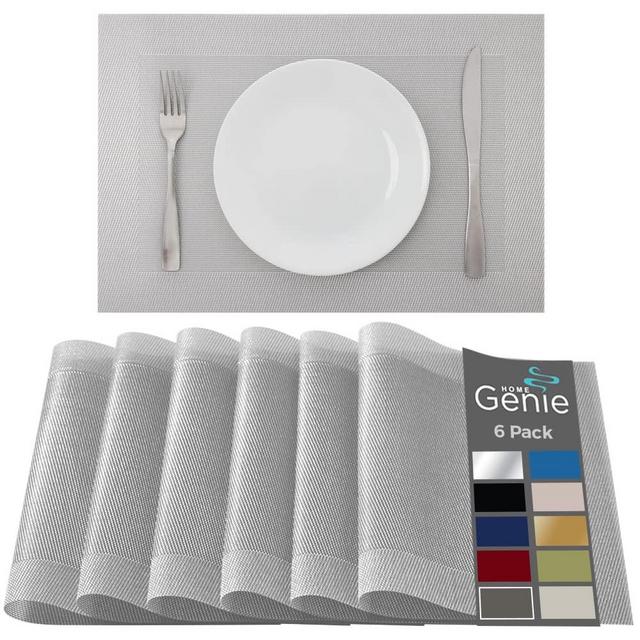 Home Genie Placemat Set of 6 Protect Surface Heat and Stain Resistant Dinner Mats, Wipeable Food Grade Place Mats, Woven Vinyl Plates for Kitchen, Dining Room Table Décor Accessories 18”x12” Silver