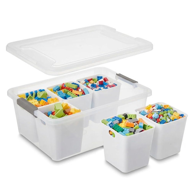 MACOPRO Plastic Storage Box with Removable Tray Craft Organizers and Storage Clear Storage Container for Organizing Bead, Tool, Sewing, Playdoh (White, 1Pack-6-in-1)