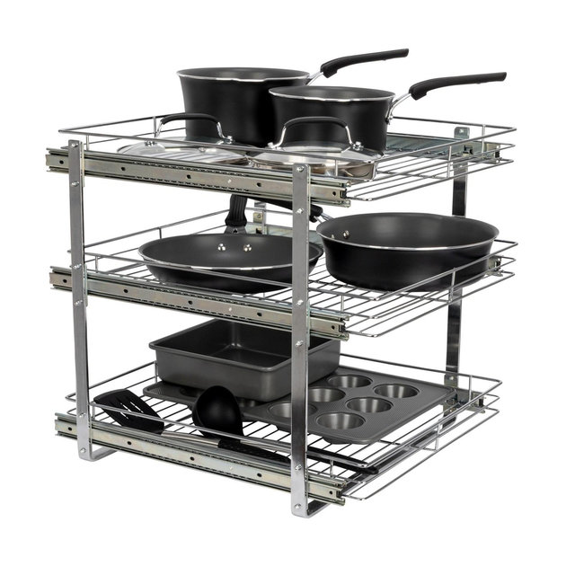 Glidez Multipurpose Chrome-Plated Steel Pull-Out/Slide-Out Triple-Sliding Storage Organizer - 3-Tier Design - Chrome