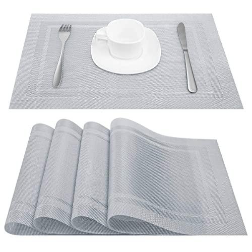 Artand Placemats, Heat-Resistant Placemats Stain Resistant Anti-Skid Washable PVC Table Mats Woven Vinyl Placemats, Set of 6 (Sliver)