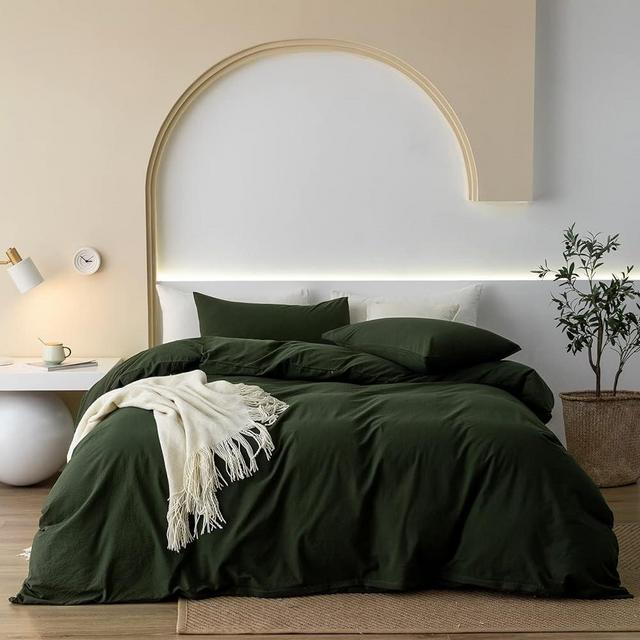 JIYUAN 100% Washed Cotton Duvet Cover Set Comfy Simple Style Soft Breathable Textured Durable Linen Feel Bedding for All Seasons King Size, Solid Olive Green