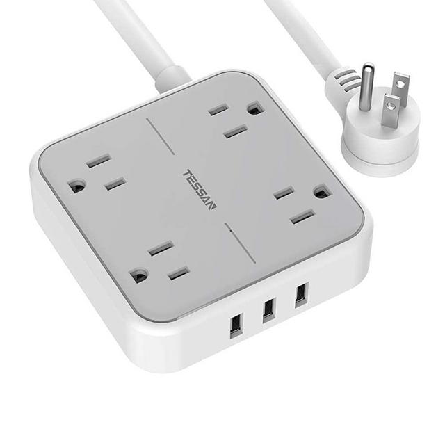 Power Strip with USB, TESSAN Mountable Flat Plug Extension Cord with 4 Widely Spaced Outlets, 3 USB Charger, 5 FT Cord, Compact Size for Cruise Ship, Home, Office,Dorm Essentials, Gray
