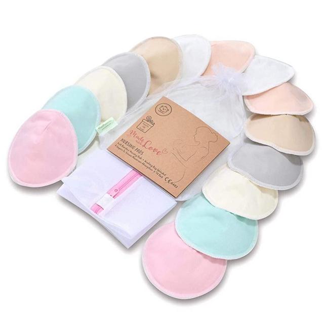 Organic Bamboo Nursing Breast Pads - 14 Washable Pads + Wash Bag - Breastfeeding Nipple Pad for Maternity - Reusable Nipplecovers for Breast Feeding (Pastel Touch, Medium 3.9")