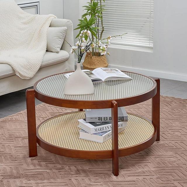 VVSHRIV Rattan Coffee Table, 2-Tier Solid Wood with Glass Top and PE Rattan Storage Shelf, Modern Round Coffee Table for Living Room, Office