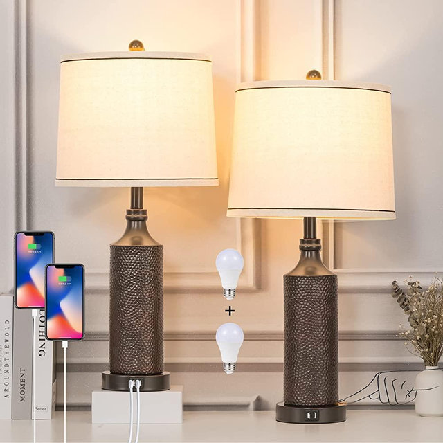 AIDENOEY 27.5" H 3-Way Dimmable Touch Control Table Lamp Set of 2，Vintage Bedside Lamp Nightstand Lamps with Dual USB Ports, Black Brown Finish Resin Table Lamp, for Living Room,Bedroom，Office