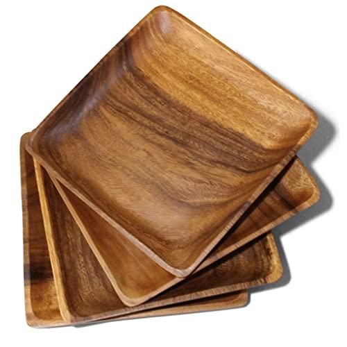 Wooden Plates, Set of 4 Wood Plates for Food, Handcrafted of Acacia Hardwood, Versatile Tableware, use for Dinner, Lunch, Breakfast, as Charger Plates, Serving Trays, Large 10" x 10"