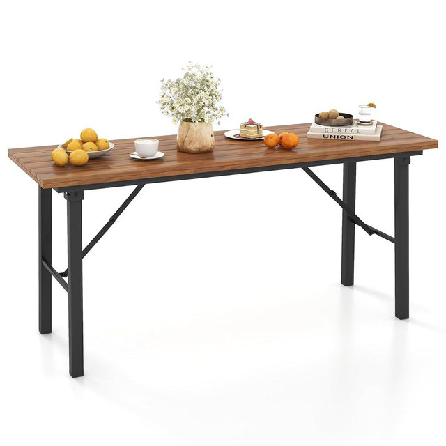 Tangkula 59" Narrow Outdoor Dining Table for 4-6, No Assembly Foldable Patio Dining Table with Acacia Wood Top & Heavy Duty Metal Frame, Portable Table for Yard, Garden, Poolside or Indoor (Natural)