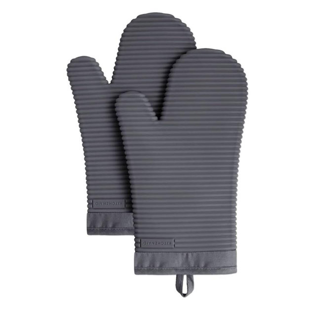 KitchenAid Ribbed Soft Silicone Oven Mitt Set, Charcoal Grey 2 Count , 7.5"x13"