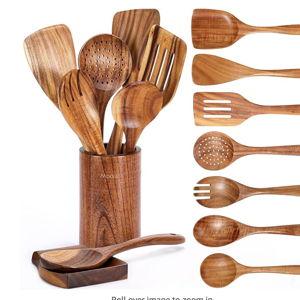 9 Piece Natural Teak Wooden Kitchen Utensil Set with Spoon Rest - Comfort Grip Cooking Spoons and Utensils Holder