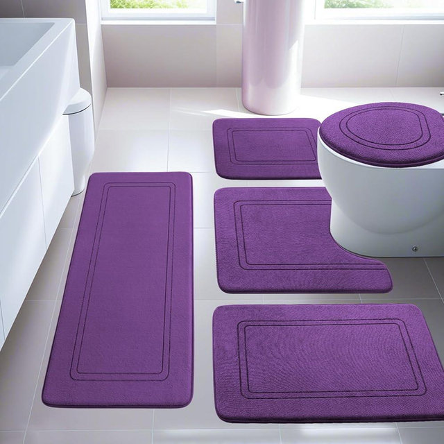 YIHOUSE Purple Memory Foam Bathroom Rug Set 5 Piece, Absorbent Bathroom Mat Set, Non Slip Bath Mats for Bathroom, Washable & Dry Quickly Bath Rug Set for Bathroom Floor, Purple Bath Mat Set 5 Pieces