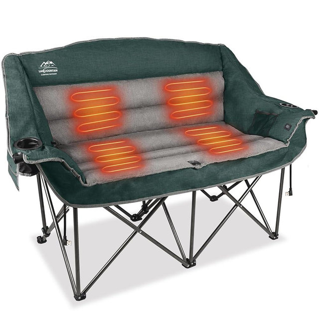 LANMOUNTAIN Heated Double Camping Chairs,3 Heat Levels Padded Portable Loveseat w/Wine Glass Holder,Cup Holder,Heating Outdoor Camp Couch Support 600 Lbs,Dark Green,Battery NOT Included