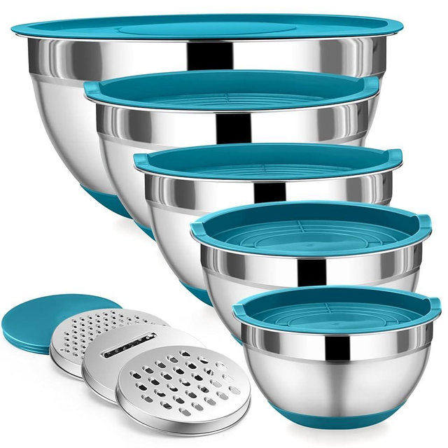 P&P CHEF Mixing Bowl with Lid Set, 5 Piece Stainless Steel Mixing Nesting Bowls for Salad Storage, 3 Grater Attachments & Non-Slip Bottoms, Size 1/1.5/2 / 2.6/4.6 QT, Blue