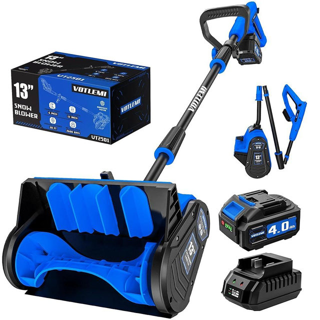 VOTLEMI 40V Cordless Snow Shovel, 13 Inch 4.0Ah Electric Snow Shovel with Directional Plate, Brushless Cordless Snow Blower for Pathway, Patio, Deck, Driveway, Blue