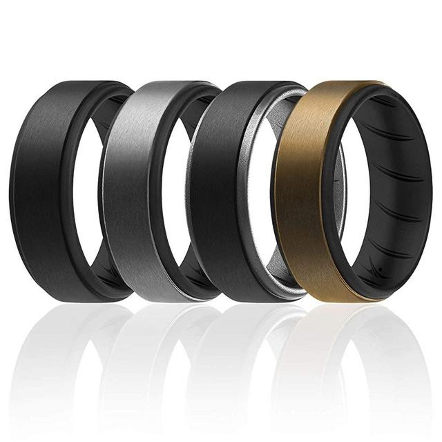 ROQ Silicone Rings for Men 1/4/6 Multipack of Breathable Mens Silicone Rubber Wedding Rings Bands - Step Edge
