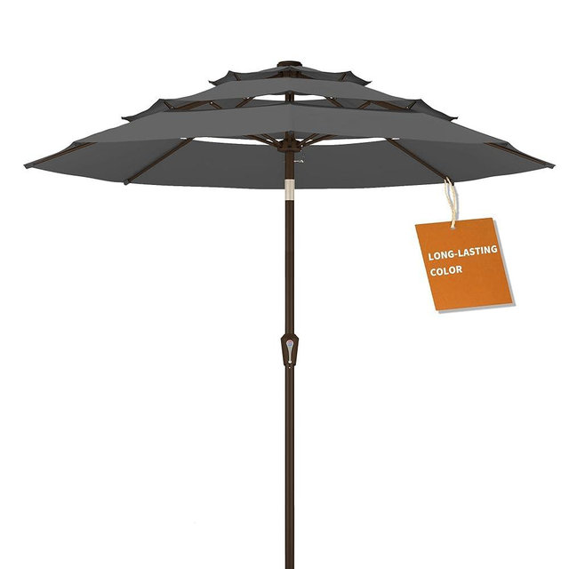 Kingdura 10ft 3-Tier Patio Umbrella, Outdoor Table Umbrella with Easy Crank & Tilt, 8 Reinforced Ribs, UV Protection for Deck, Pool, Market, Backyard (Grey)