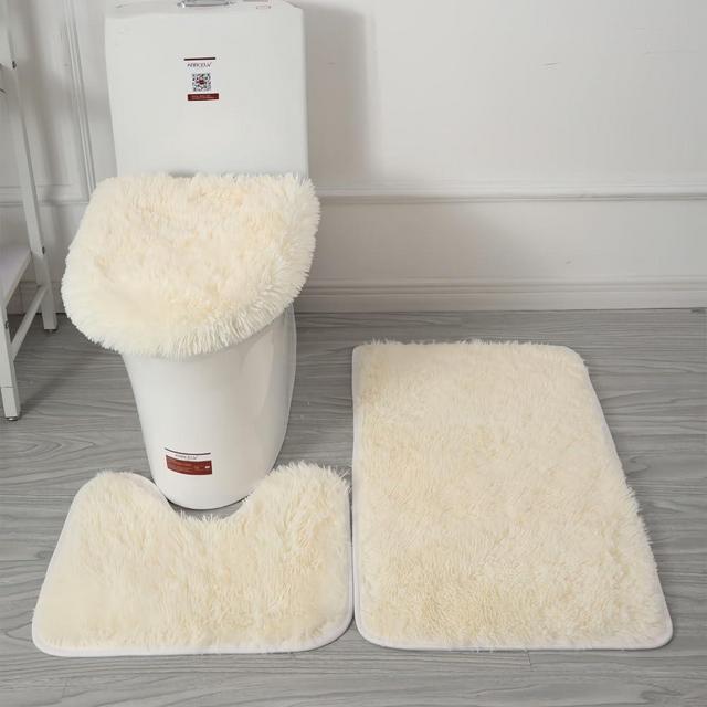 XIZHI Bathroom Rugs Sets 3 Piece,U-Shaped Toilet Floor Mat +Non Slip Rugs +Toilet Lid Cover Mat,with PVC Point Rubber Backing (Beige)