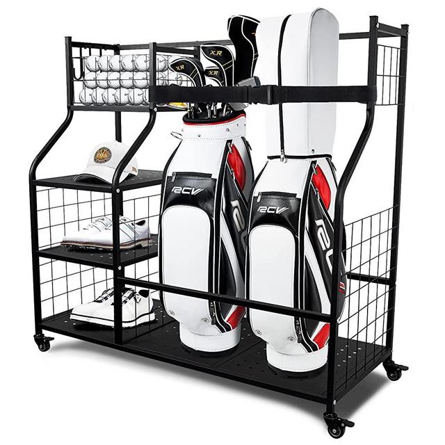 Golf Storage Organizer for Garage, Golf Organizer fit for Golf Bags and Golf Accessories, Golf Bag Stand, Extra Large Size Golf Bag Storage Rack with Wheels, Golf Bag Organizer Rack for Garage