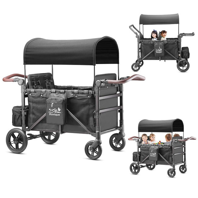 Rovique Wagon Stroller 4 Seater – Includes Adjustable Canopy,Convertible Seats, Snack Tray, Parent Organizer, 5-Point Harness, Push/Pull Adjustable Handle
