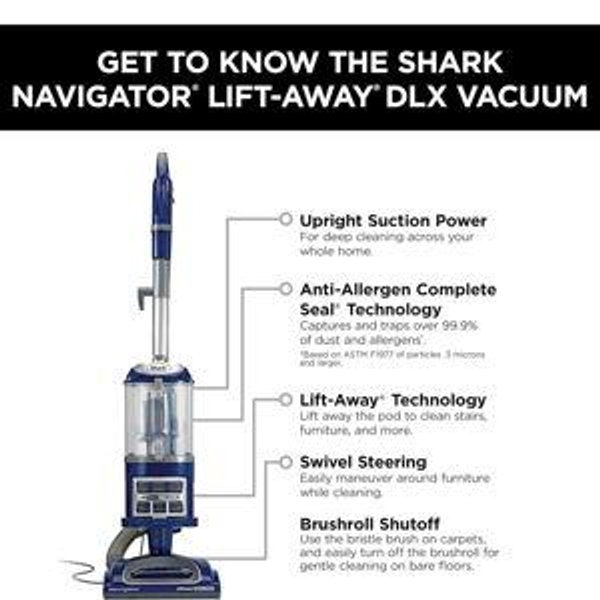 Shark Upright Vacuum, Navigator Lift-Away Deluxe with Large Dust Cup Capacity, HEPA Filter, Swivel Steering, Upholstery Tool & Crevice Tool, Blue, NV360