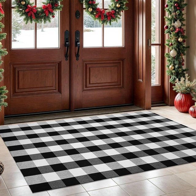 KOZYFLY Buffalo Plaid Area Rug 4 x 6 Ft Black and White Checkered Rug Washable Outdoor Rugs Cotton Rugs for Bedroom Front Door Mat Carpet for Front Porch Living Room Dining Room Kitchen