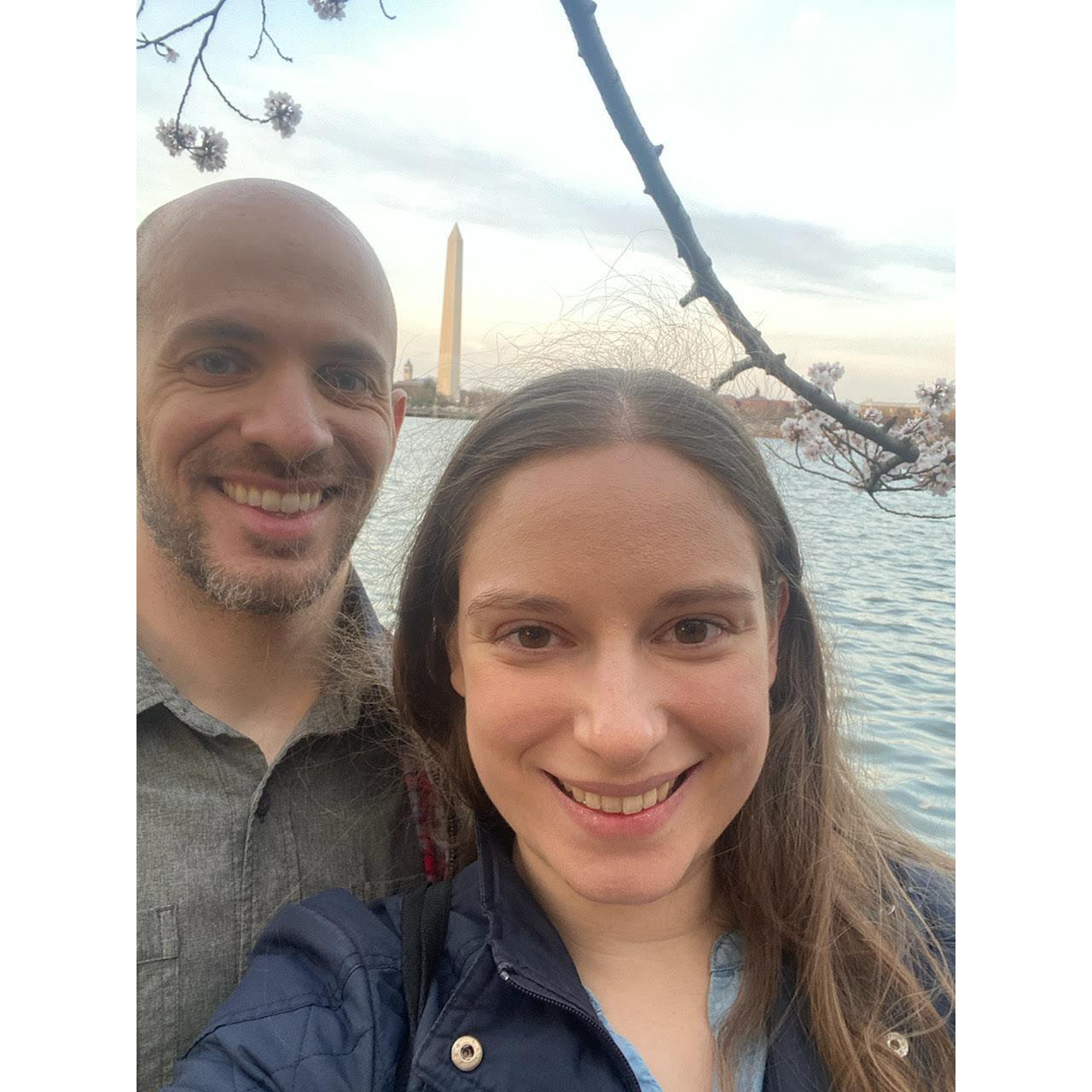The first photo of us together, taken during the Spring 2022 cherry blossom harvest in Washington, DC