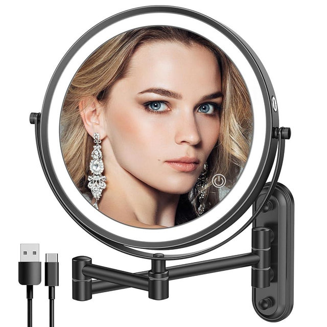 Rocollos Rechargeable Lighted Wall Mounted Makeup Mirror with 3 Color Lights,Dimmable Touch Screen,8 Inch LED Double Sided 1X/10X Magnifying 360°Flexible 13 Inch Retractable