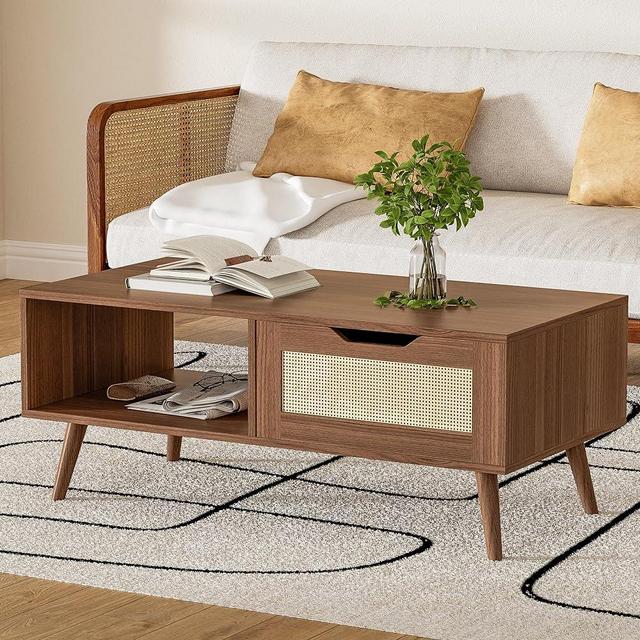 DIYART Brown Rattan Coffee Table, Mid Century Modern with Drawer & Shelf, 39'' Wooden Boho Coffee Table for Living Room