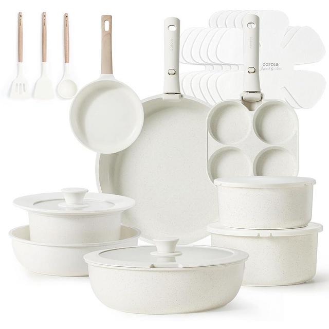 CAROTE 23pcs Pots and Pans Set Non Stick, Cookware Sets, Kitchen Set, Oven/Dishwasher/Fridge Safe, Space Saving Pots Set, Nonstick Set with Versatile Detachable Handle, Induction RV Set, Cream