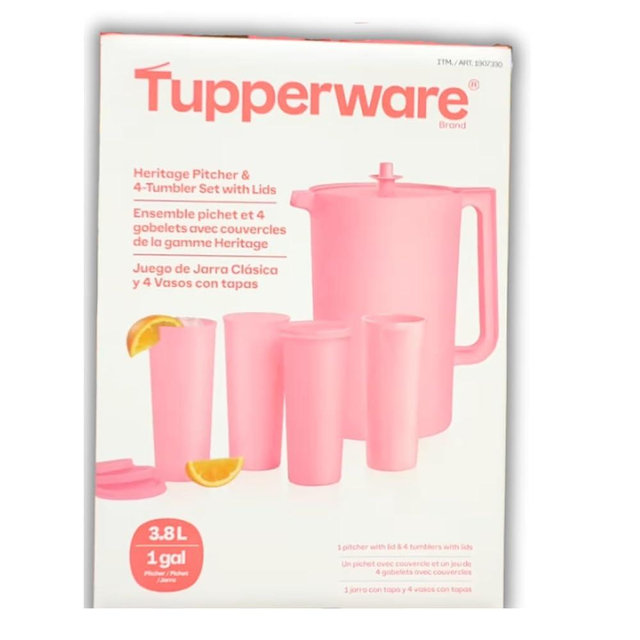 Tupperware Heritage Pitcher and 4-Tumbler Set with Lids-Pink