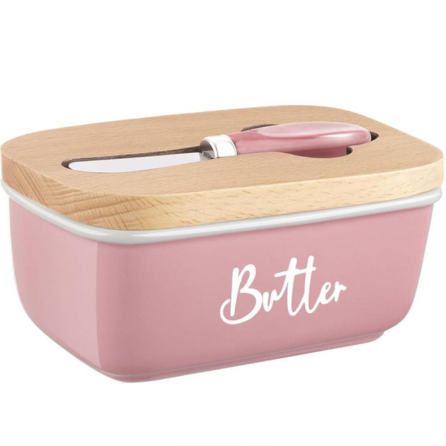 ALELION Pink Butter Dish with Lid and Knife for Countertop - Airtight Ceramic Butter Container with Thick Acacia Wood Lid for Counter - Pink Kitchen Decor and Accessories