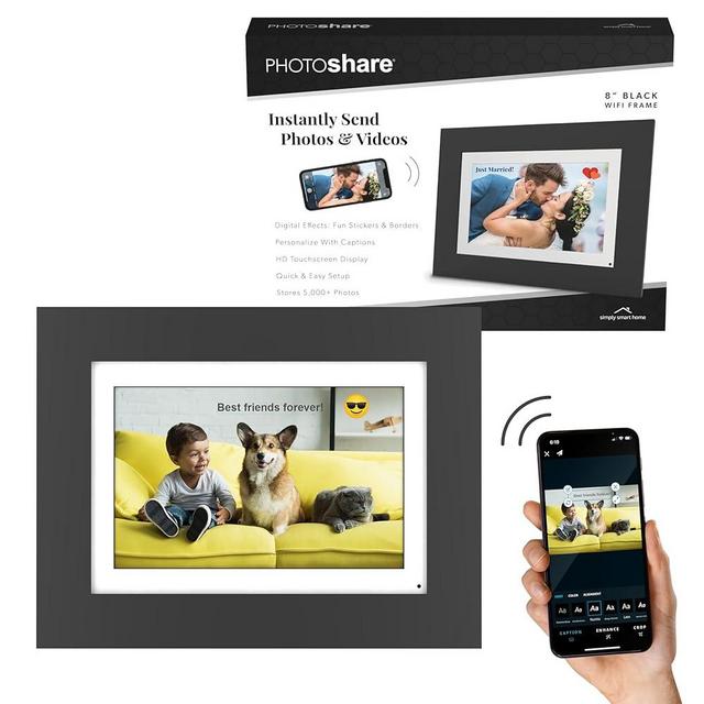 Simply Smart Home 8” WiFi Digital Photo Frame | Send Photo or Video from Phone to Digital Picture Frame with Free PhotoShare Frame v2 app | End-to-End Encryption | Quick Easy Setup | Black Wood