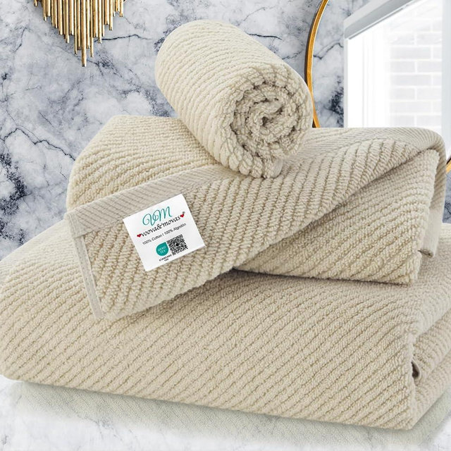 VOOVA & MOVAS Beige Towels for Bathroom - 100% Cotton | Quick Dry | Soft | Thick, 3 Piece Towel Set, 1 Large Bath 30" x 56", 1 Hand 18" x 28",1 Wash Cloth 13" x 13", Bathroom Essentials, Light Tan