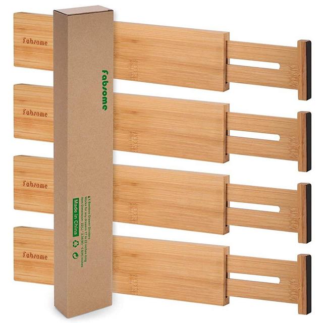 Bamboo Kitchen Drawer Dividers 4 Pack, 17-22 inches Long Adjustable Spring-loaded Organizer Durable Organization Separators for Large Utensil Drawers, Clothing Dresser Drawers